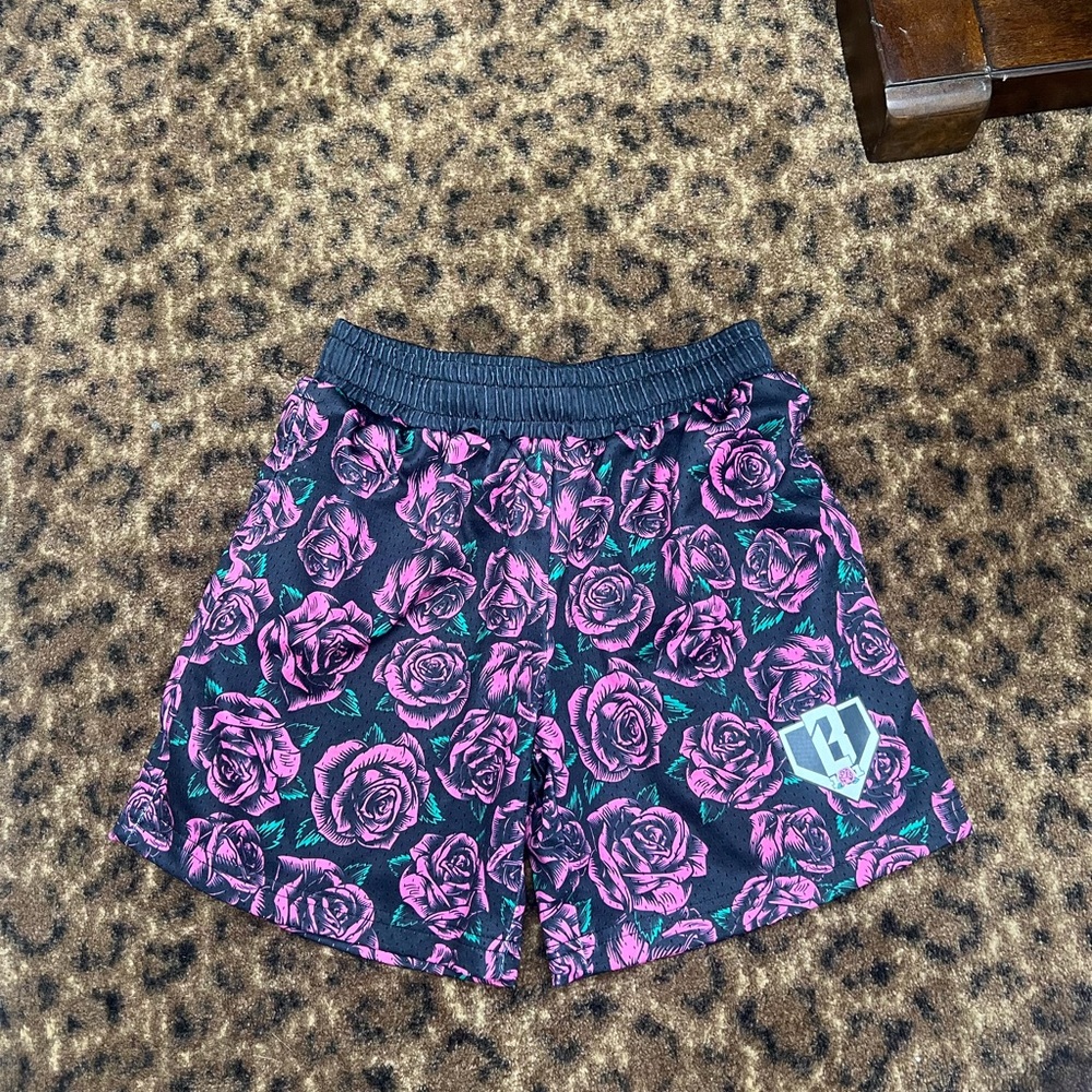 Baseball lifestyle 101 Black Shorts with Pink Rose Print and Shield Logo